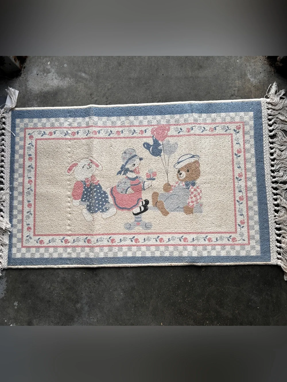 Vintage Pastel Nursery Rug with Animals - Blue, Pink, Cream